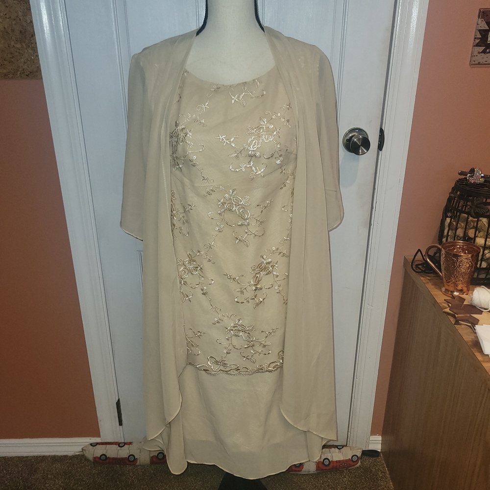 Elegant Beige Floral Dress with Sheer Overlay